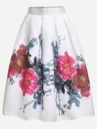 Shein White Flower Print Box Pleated Skirt