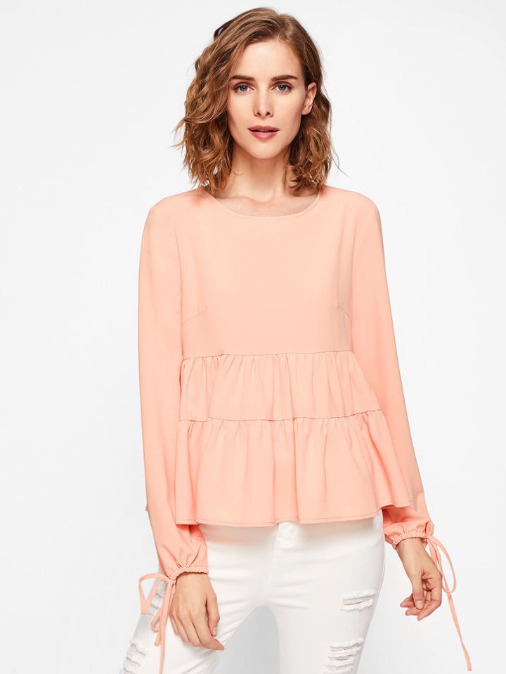 Shein Drawstring Tie Cuff Tiered Blouse