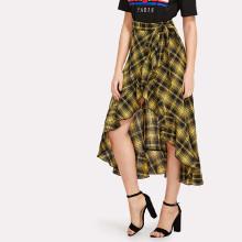 Shein Knot Waist Asymmetrical Ruffle Hem Plaid Skirt