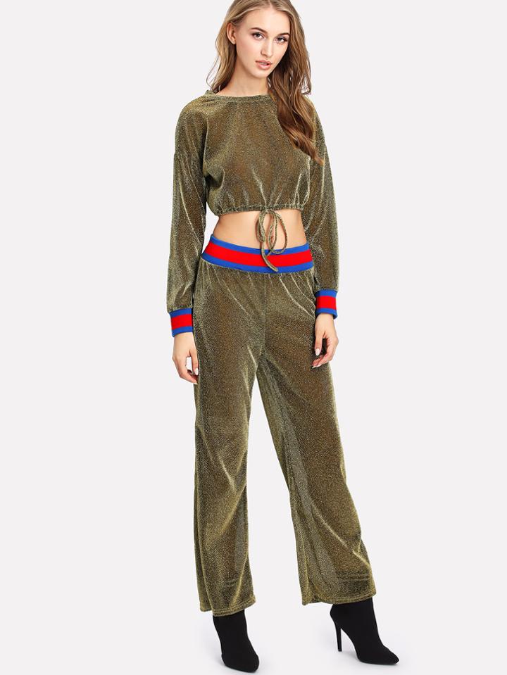 Shein Glitter Stripe Trim Crop Top With Pants