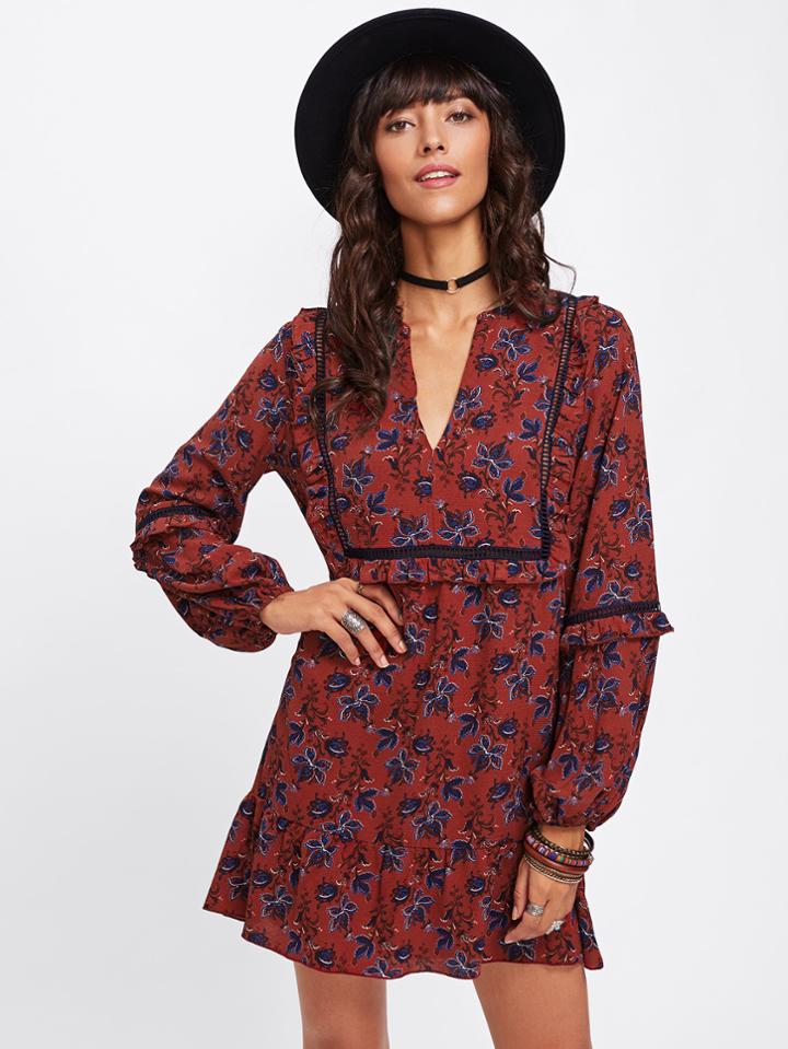 Shein Lantern Sleeve Laser Cut And Frill Detail Dress