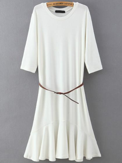Shein White Crew Neck Ruffle Slim Dress
