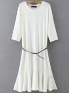 Shein White Crew Neck Ruffle Slim Dress