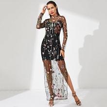 Shein Botanical Embroidered Mesh Overlay Dress