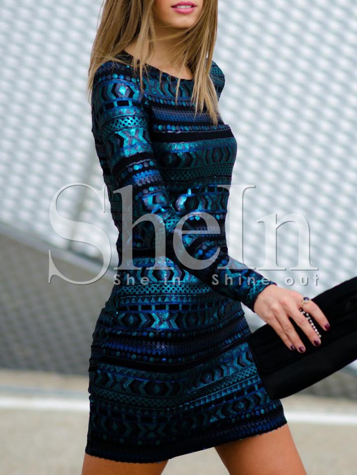 Shein Blue Long Sleeve Sequined Bodycon Dress