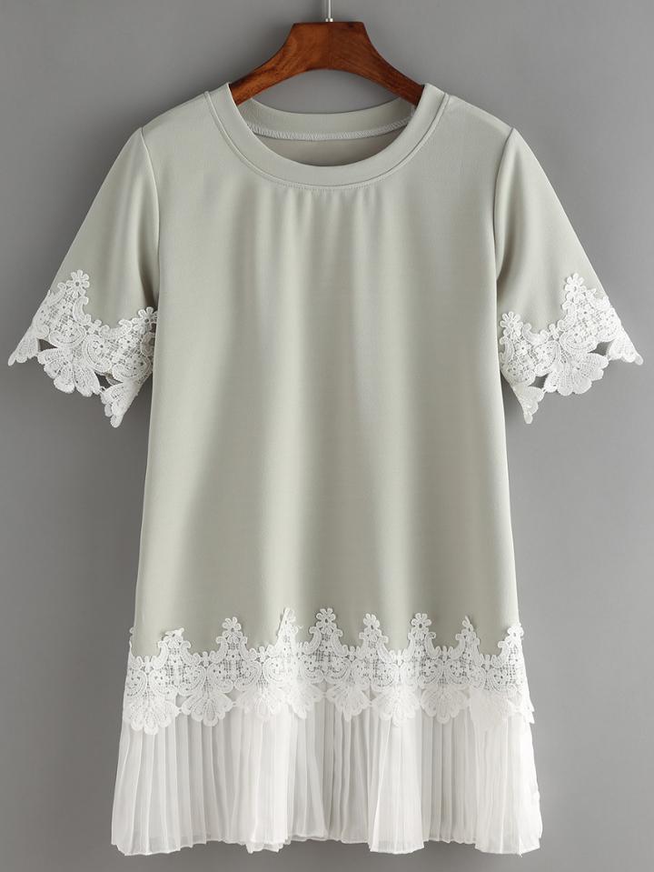 Shein Lace And Pleated Chiffon Trimmed T-shirt Dress