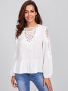 Shein Embroidered Mesh Panel Lace Detail Frilled Top