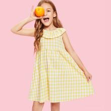 Shein Girls Flounce Neck Gingham Smock Dress