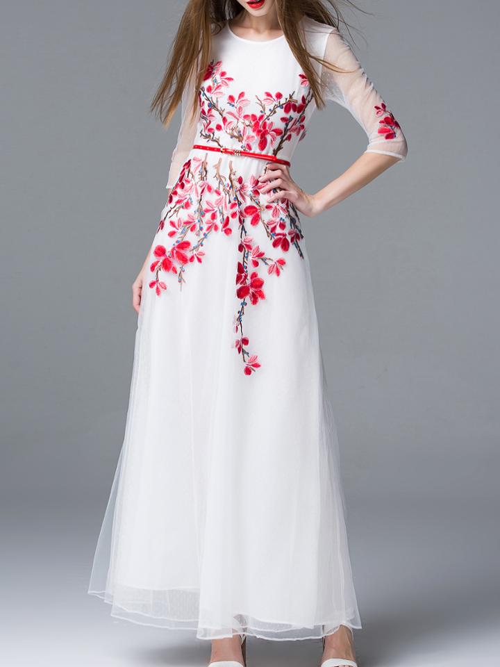 Shein White Sheer Gauze Embroidered Belted Maxi Dress