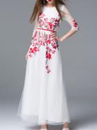 Shein White Sheer Gauze Embroidered Belted Maxi Dress