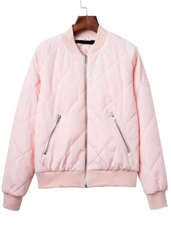 Shein Pink Diamond Quilted Bomber Jacket With Zipper