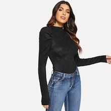 Shein Puff Sleeve Stand Collar T-shirt