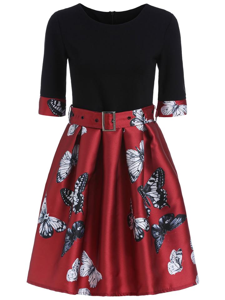 Shein Red Black Round Neck Superb Easter Custom Butterfly Print Dress