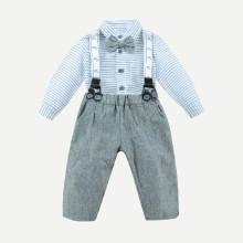 Shein Boys Tie Neck Striped Blouse With Pants