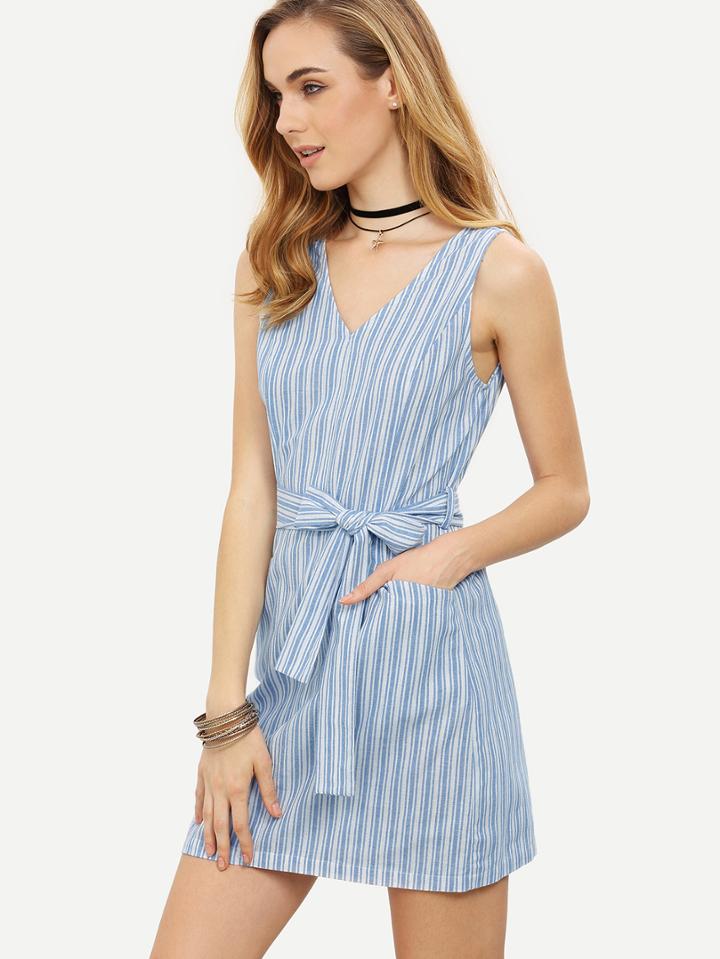 Shein Blue Striped V Neck Tie Waist Sleeveless Dress