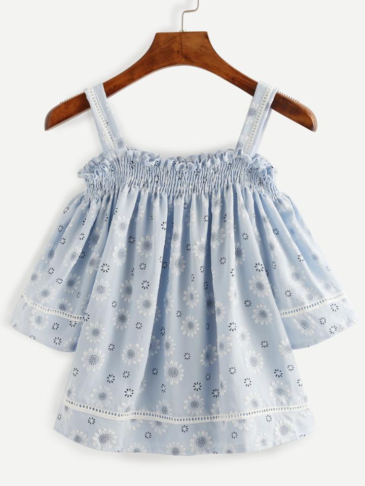 Shein Blue Daisy Print Lace Insert Shirred Cold Shoulder Top