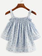Shein Blue Daisy Print Lace Insert Shirred Cold Shoulder Top