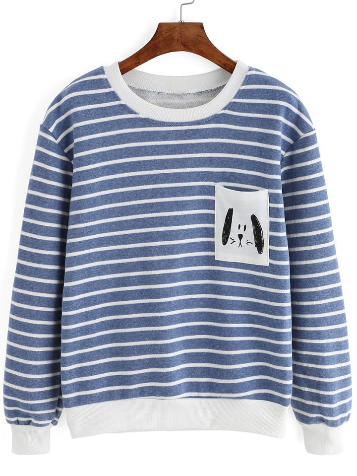 Shein Blue White Round Neck Striped Dog Print Sweatshirt