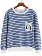 Shein Blue White Round Neck Striped Dog Print Sweatshirt