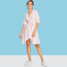 Shein Gathered Sleeve Pinstripe Dip Hem Dress