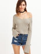 Shein Grey Double V Neck Crop Sweater