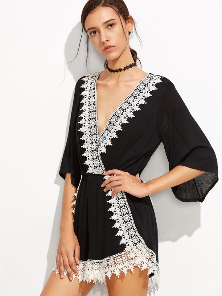 Shein Black V Neck Contrast Lace Trim Romper