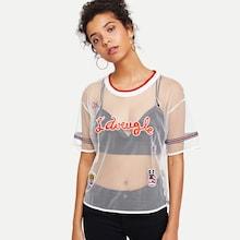 Shein Striped Trim Embroidery Mesh Blouse