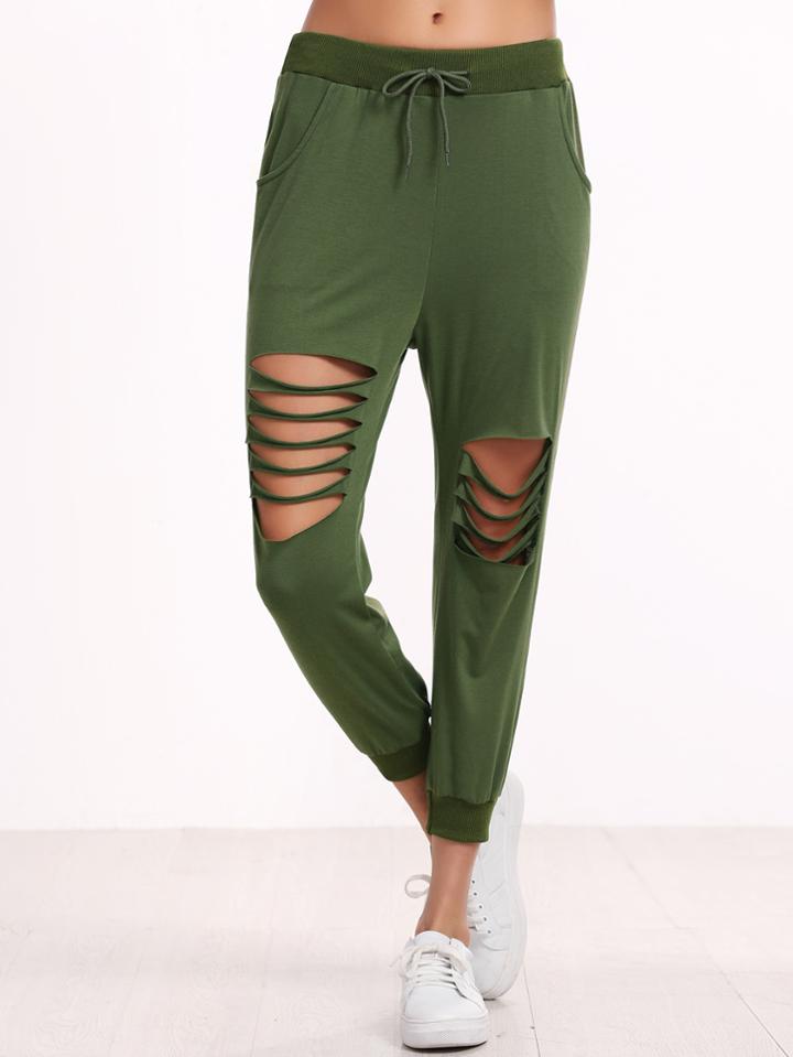 Shein Army Green Ladder Cut Out Drawstring Pants