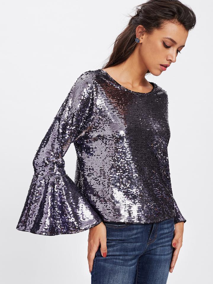 Shein Drop Shoulder Trumpet Cuff Sequin Blouse