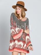 Shein Multicolor Antique Long Sleeve Vintage Print Dress