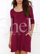 Shein Burgundy Long Sleeve Pockets Casual Dress