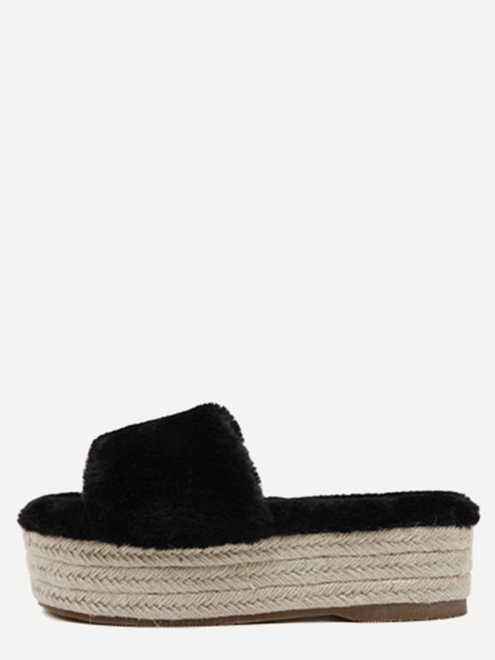 Shein Black Rabbit Hair Peep Toe Espadrille Platform Slippers