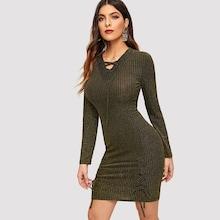 Shein Lace-up Neck Drawstring Detail Glitter Dress