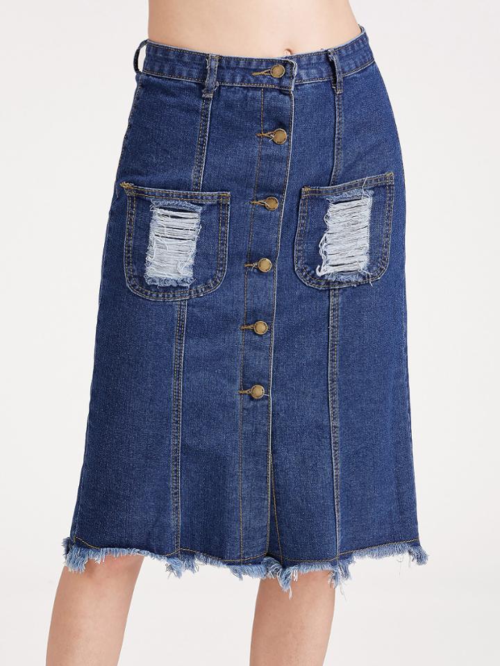Shein Dark Blue Single Breasted Ripped Raw Hem Skirt