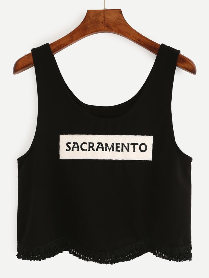 Shein Scalloped Hem Letter Embroidered Crop Tank Top - Black