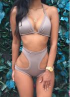 Rosewe Grey Cutout Waist Halter Two Piece Swimwear