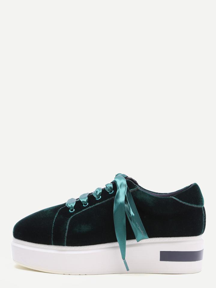 Shein Dark Green Velvet Almond Toe Lace Up Wedges