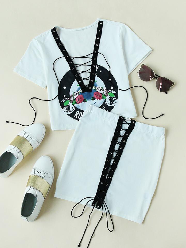 Shein Eyelet Lace Up V Neck Tee With Skirt