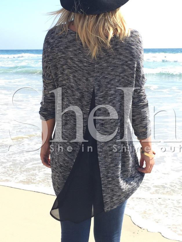Shein Grey Long Sleeve Split Back Sweater
