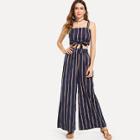 Shein Tie Front Striped Crop Top With Wide Leg Pants