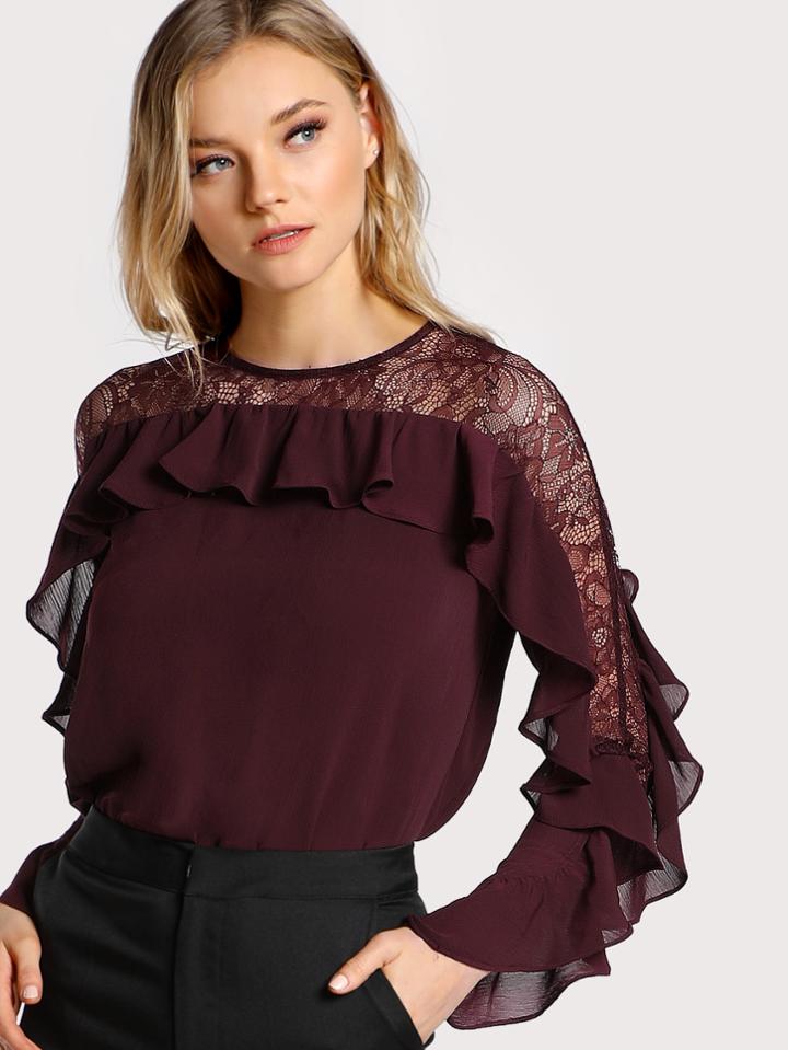 Shein Ruffle Sleeve Lace Cutout Top Ox Blood