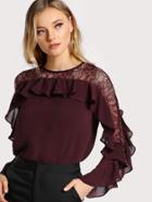 Shein Ruffle Sleeve Lace Cutout Top Ox Blood