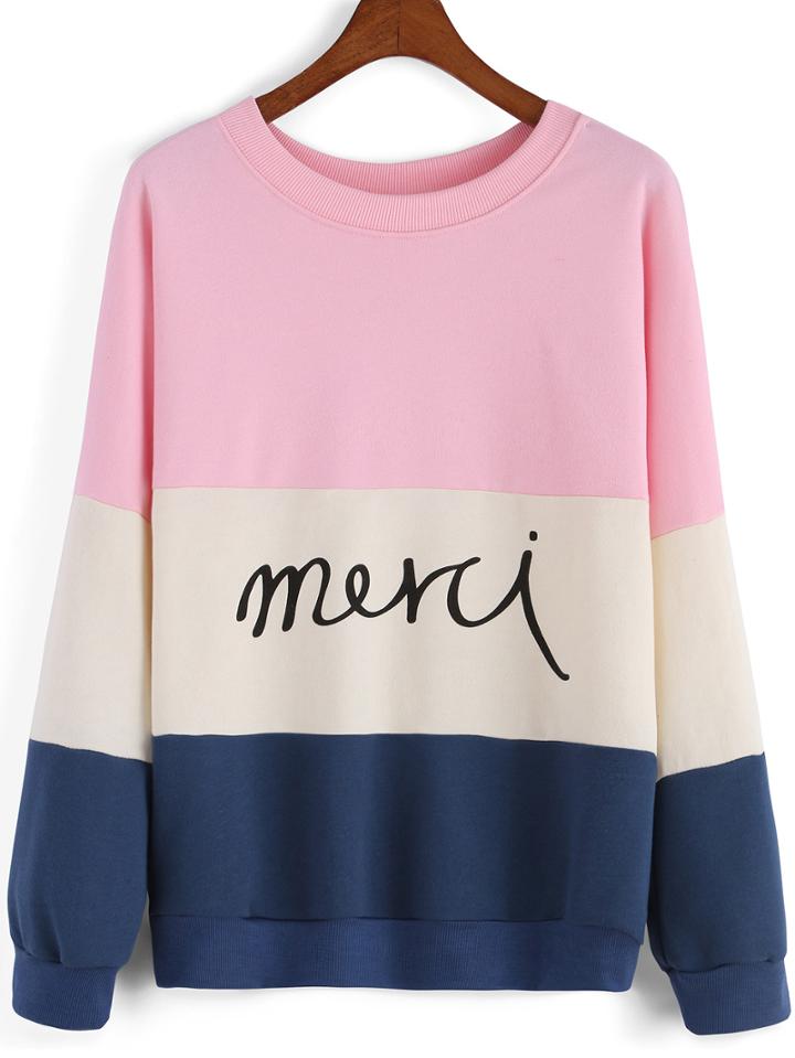 Shein Colour-block Round Neck Letters Print Sweatshirt
