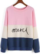 Shein Colour-block Round Neck Letters Print Sweatshirt