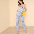 Shein Thick Strap Knot Open Back Striped Jumpsuit