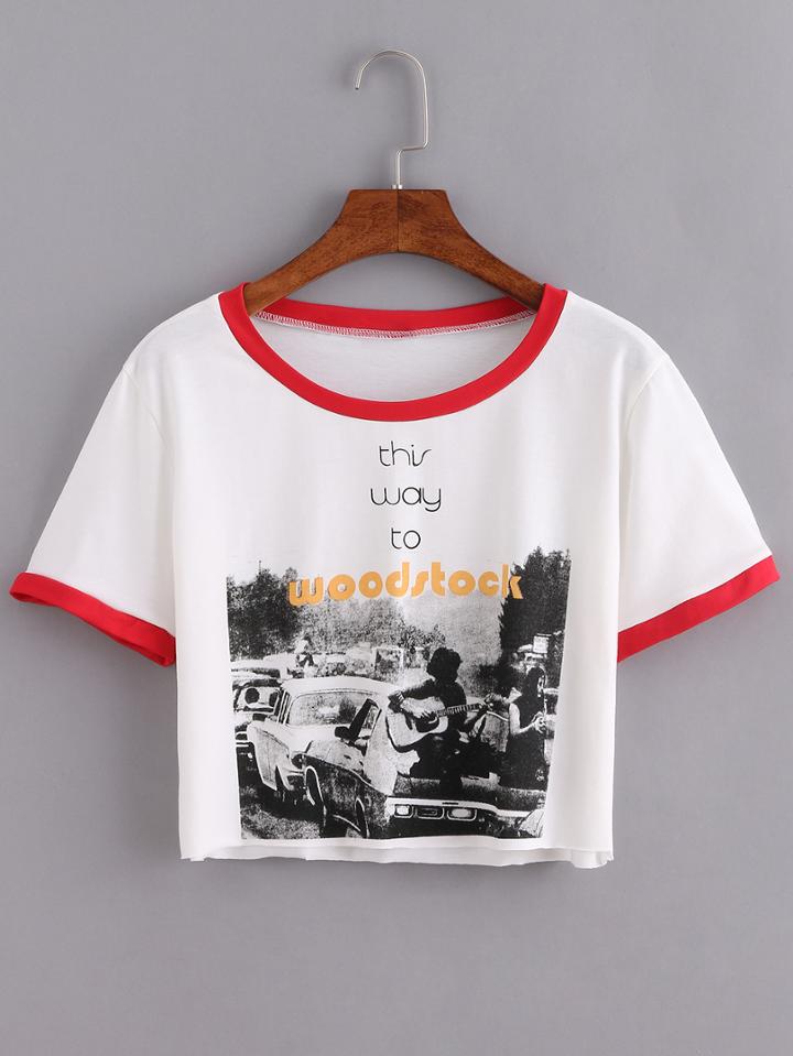 Shein Contrast Round Neck Print Crop T-shirt