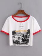 Shein Contrast Round Neck Print Crop T-shirt