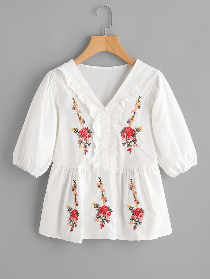 Shein V-neckline Frill Trim Embroidery Babydoll Blouse