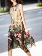Shein Multicolor Elastic-waist Rose Print Shift Dress