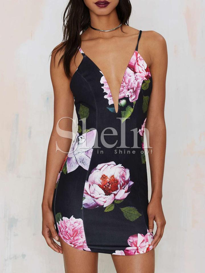 Shein Black Spaghetti Strap Floral Bodycon Dress